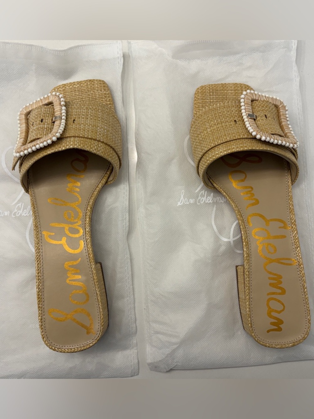 Sam Edelman Raffia Slide Sandals with Beaded Buckle in Tan